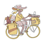Artist's depiction of a cyclist in a sun hat riding a touring bicycle heavily laden with unconventional cargo