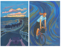 Artist's depiction of a cyclist arriving in Provincetown